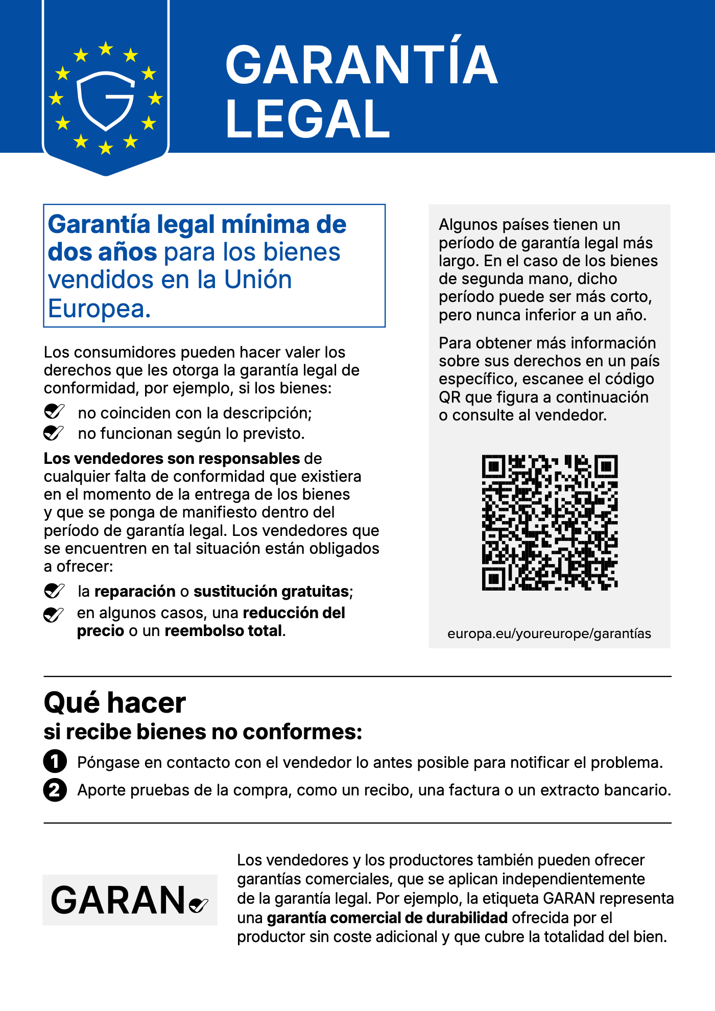 Aviso de garantía legal de la UE: garantía legal mínima de dos años para los bienes vendidos en la Unión Europea. Texto completo disponible en el PDF a continuación.