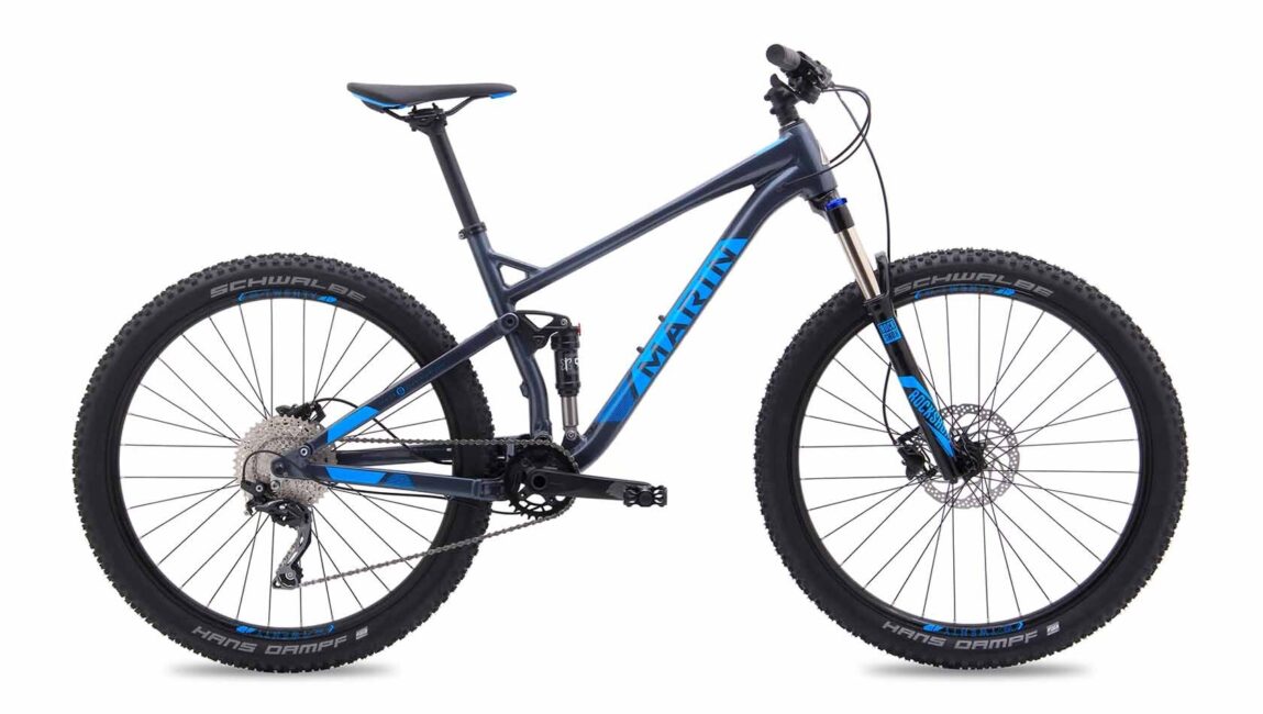 An image of a Marin Bikes full suspension mountain bike painted in blue and black