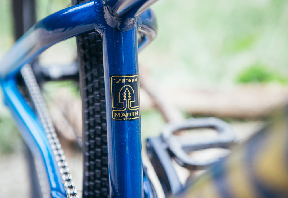 Close-up of a blue bicycle frame with a visible brand logo, blurred background