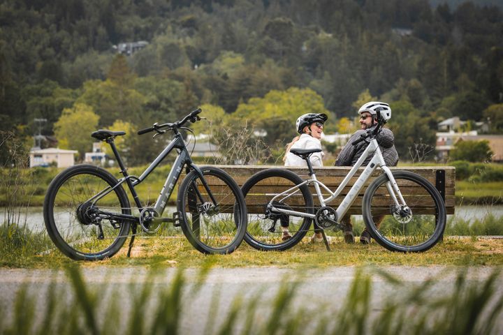 Couple take a break during a bike ride