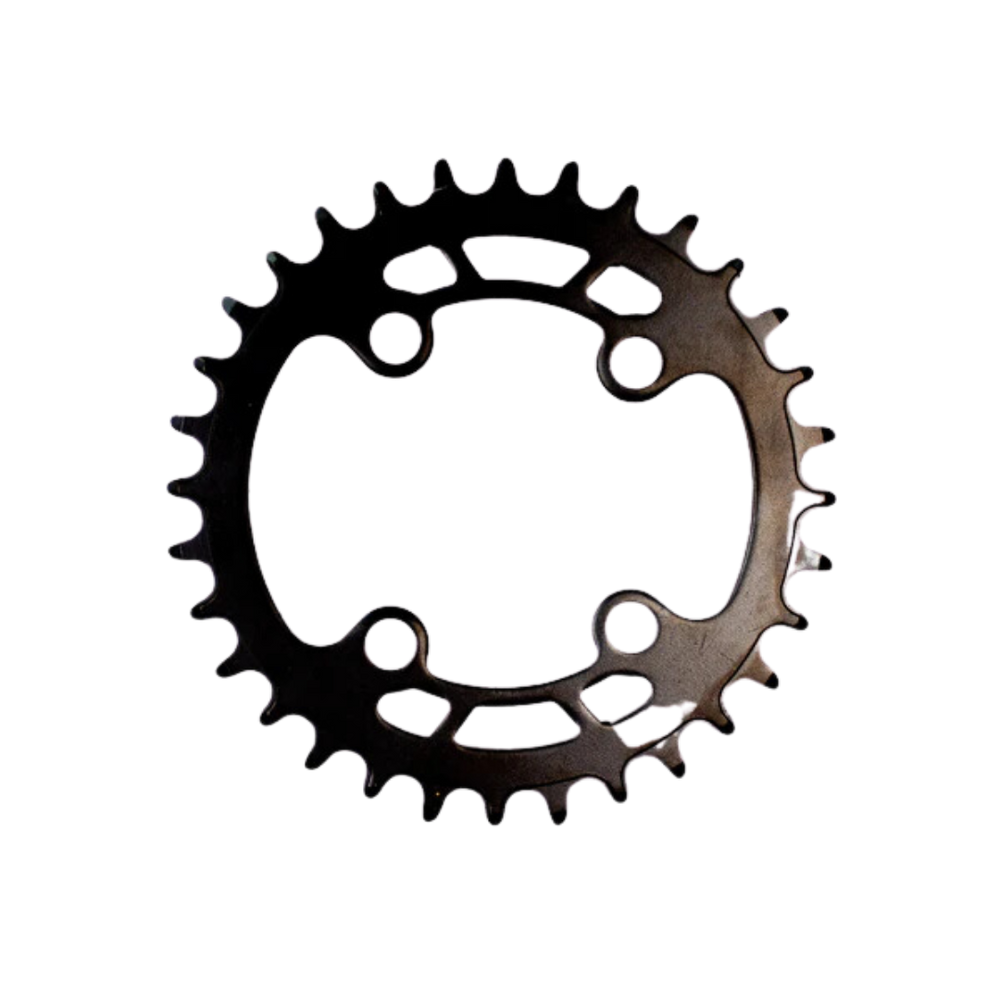 A black Marin Bikes narrow-wide tooth profile bicycle chainring