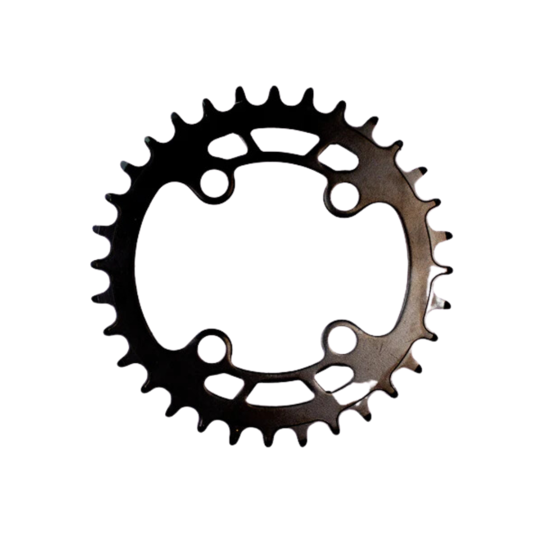 A black Marin Bikes narrow-wide tooth profile bicycle chainring