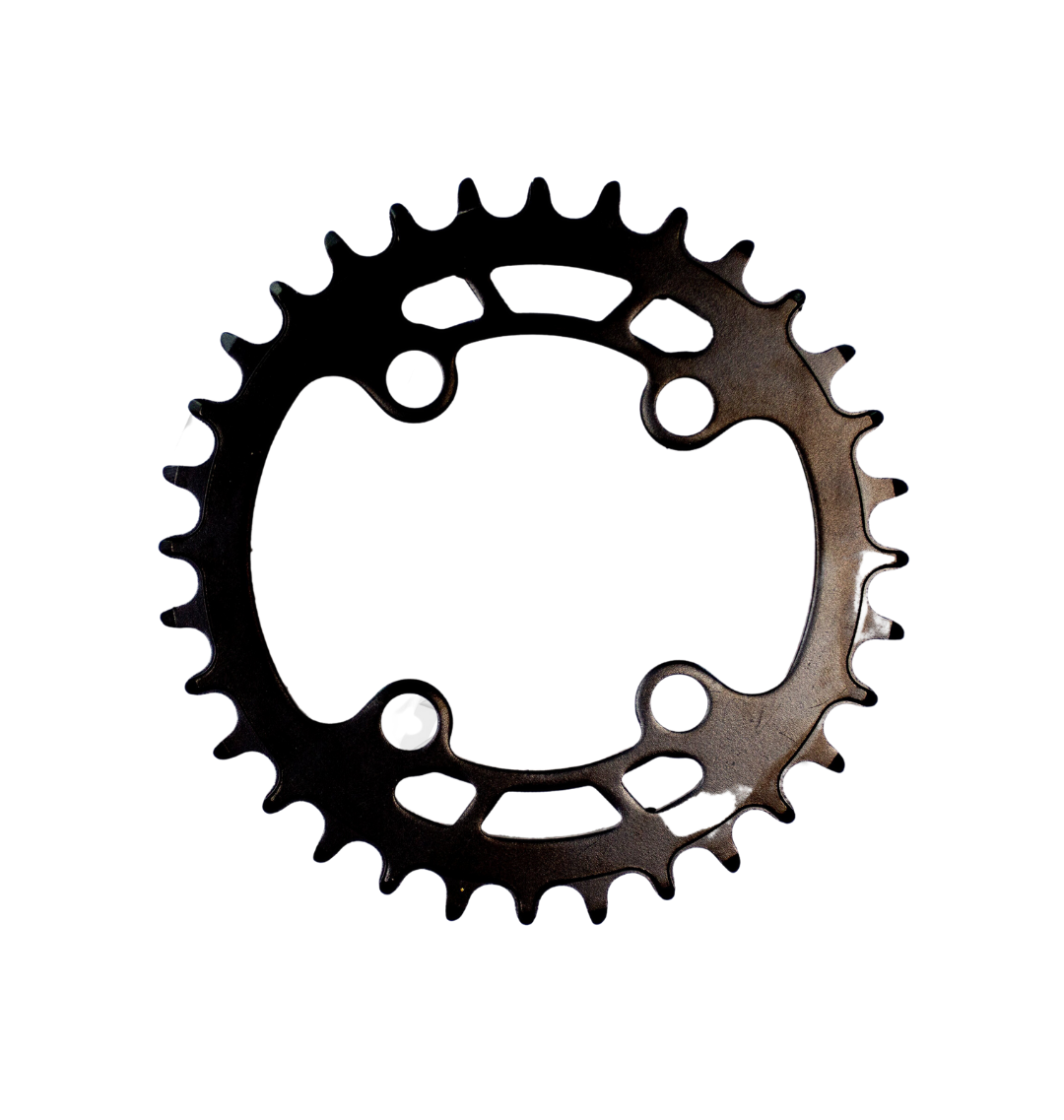 A black Marin Bikes narrow-wide tooth profile bicycle chainring