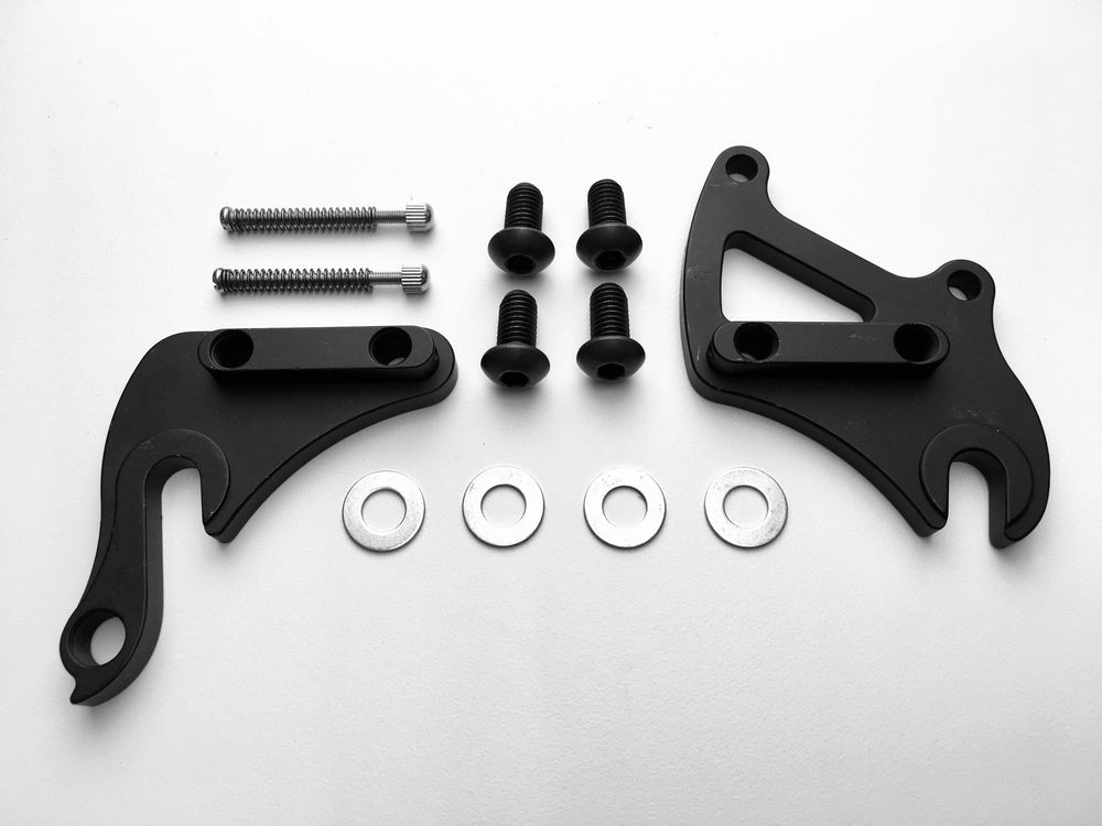 A black Marin Bikes rear derailleur hanger and rear wheel dropout system