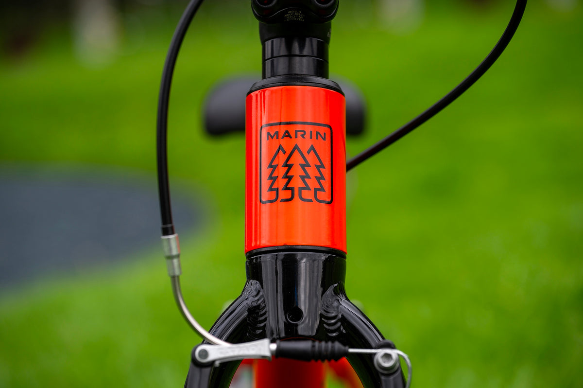 Close-up of a Marin bicycle frame headtube with a bright orange decal and black logo, set against a blurred green grass background.
