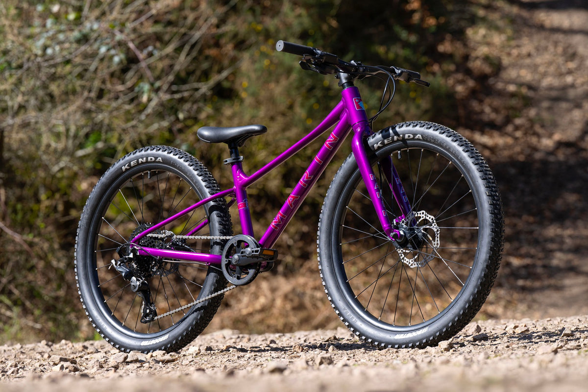 A purple Santa Cruz mountain bike with black tires and components, photographed outdoors on a gravel path with blurred trees in the background.