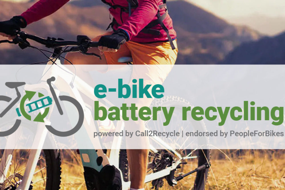 An image of a person riding an electric bike with the words 'e-bike battery recycling powered by Call2Recycle | endorsed by PeopleForBikes' overlayed on top of the image