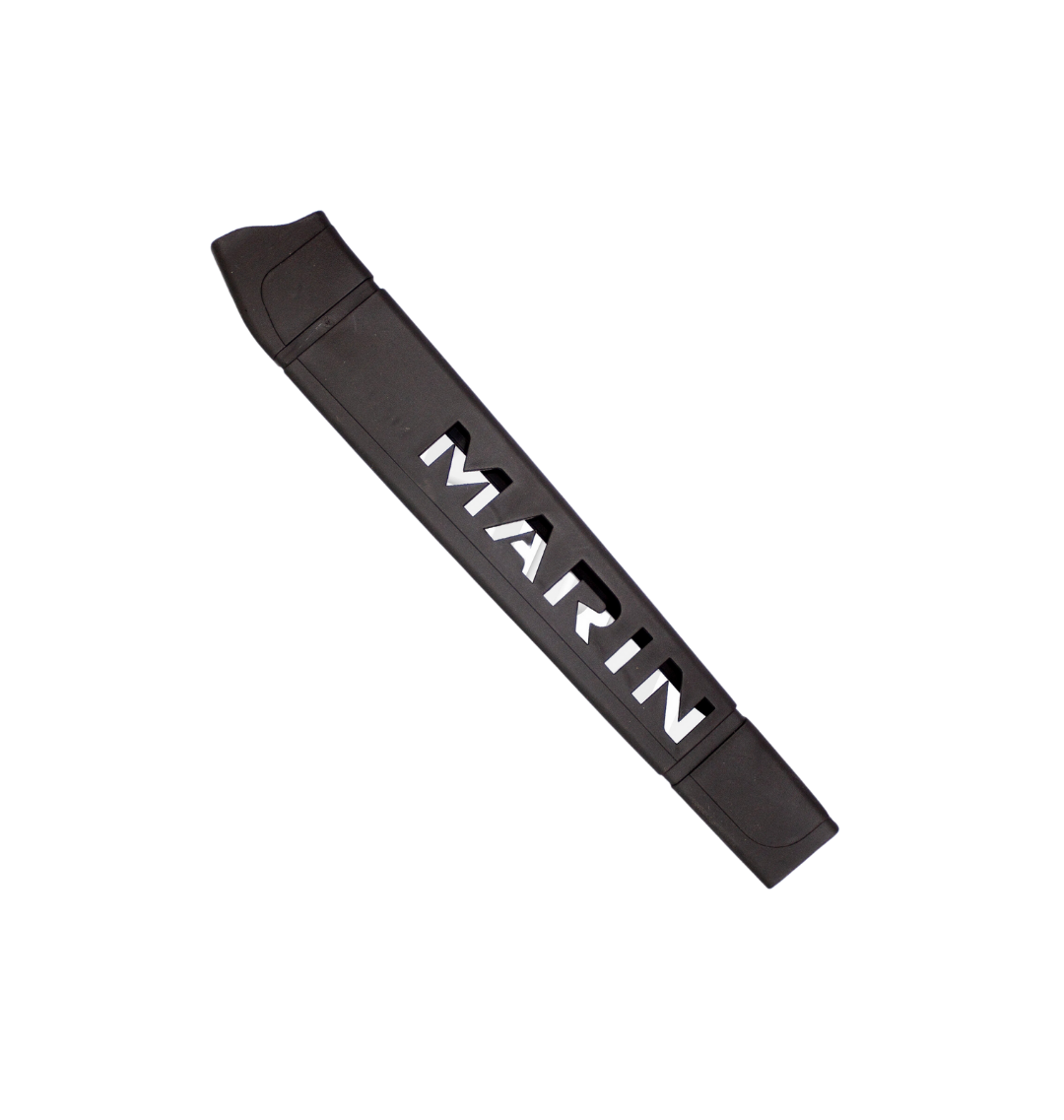 A black Marin Bikes chainstay protector