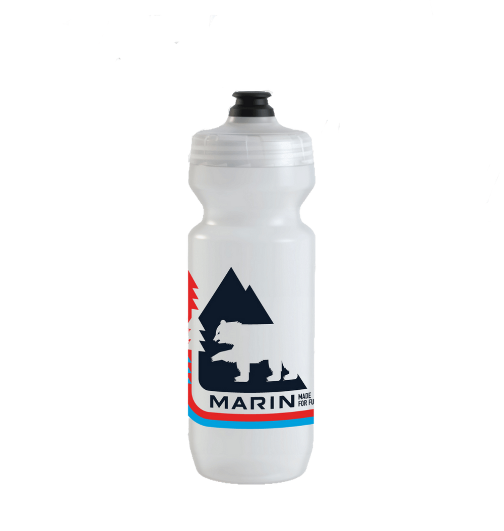 Clear water bottle with a bear and mountain design and 'Marin' branding on a white background