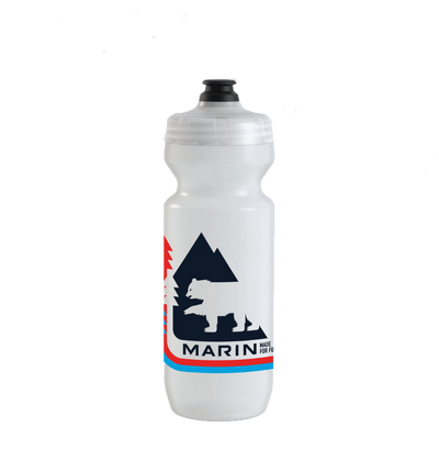 Clear water bottle with a bear and mountain design and 'Marin' branding on a white background