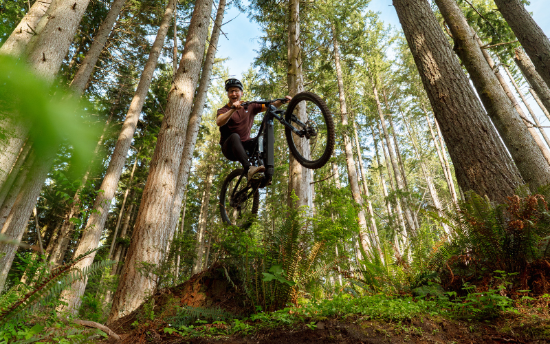 Person on a mountain bike performing a jump in a forest