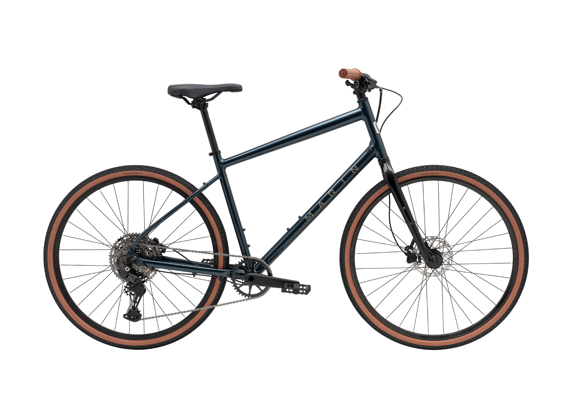 Black bicycle with brown tires on a white background