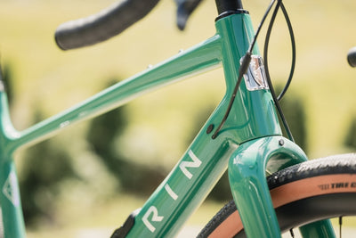 Close-up of a green bicycle frame with 'RIN' branding against a blurred natural background.