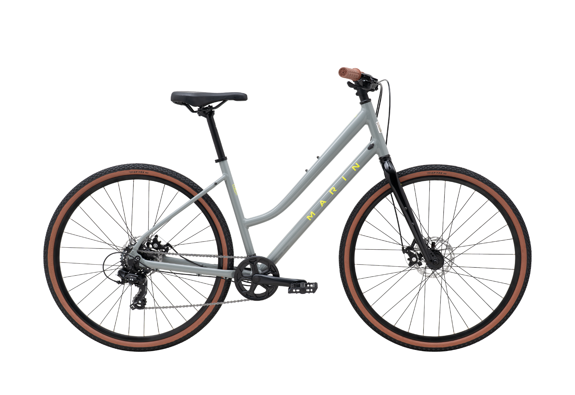 Gray bicycle with brown tires on a white background