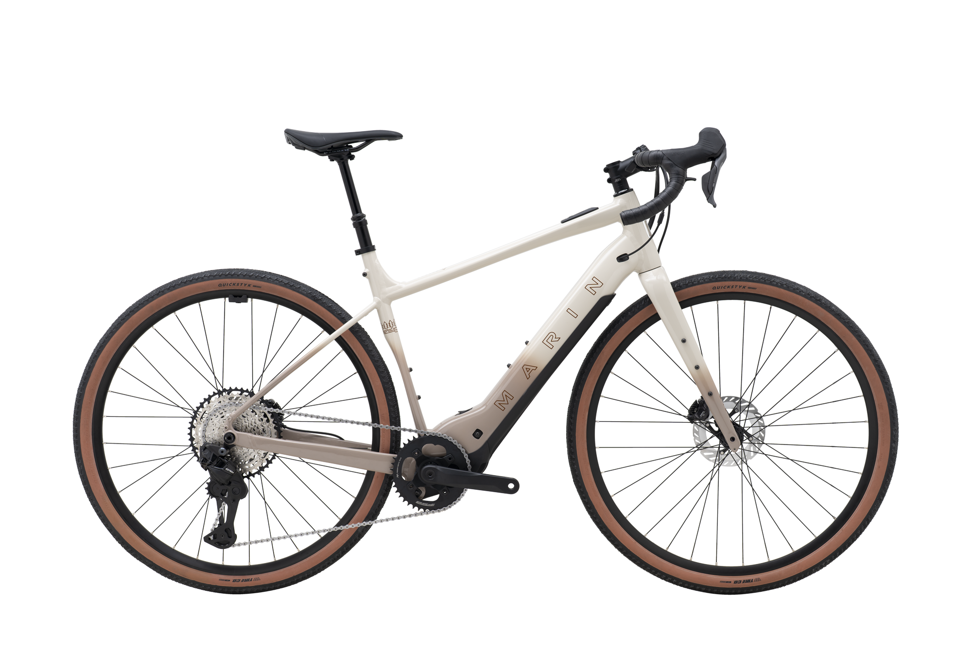 White electric bicycle with brown tires on a white background