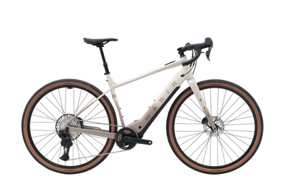 White electric bicycle with brown tires on a white background