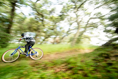 Person riding a blue bicycle through a forest with motion blur effect