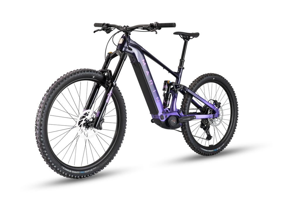 Black and purple electric bike on a white background