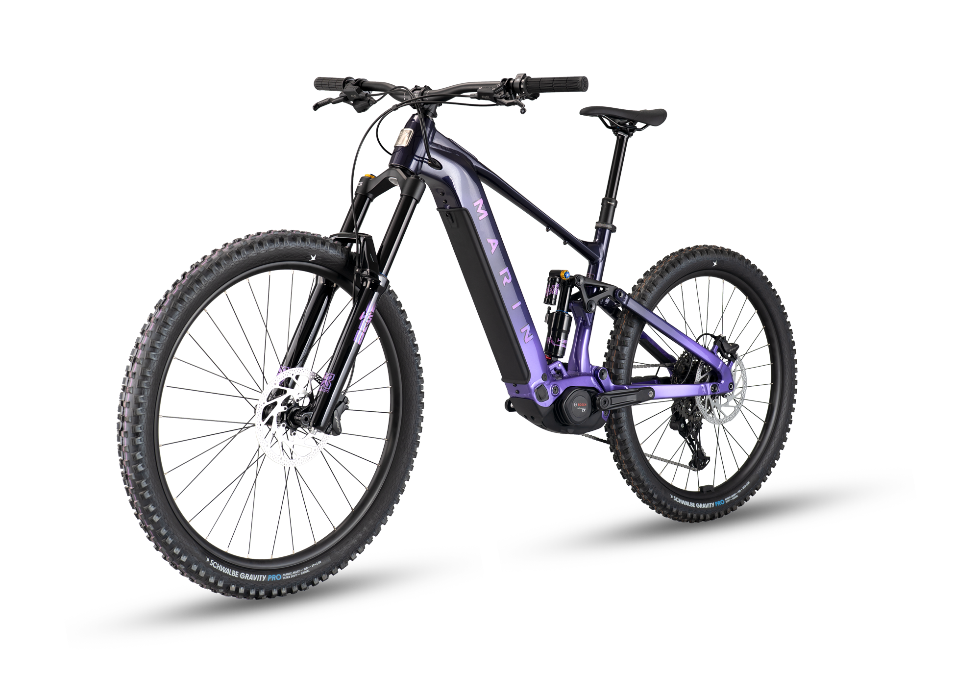 Black and purple electric bike on a white background