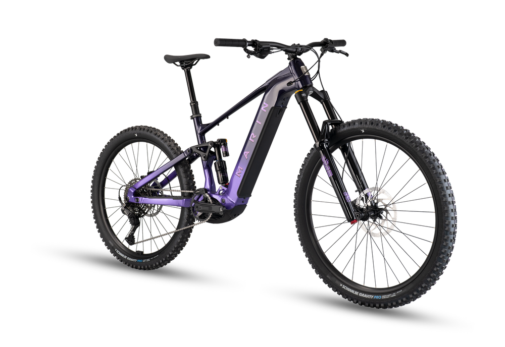 Black and purple mountain bike on a white background
