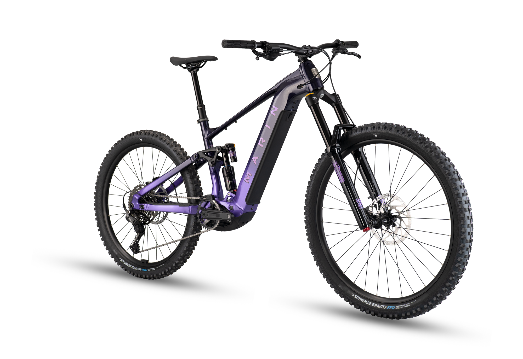 Black and purple mountain bike on a white background