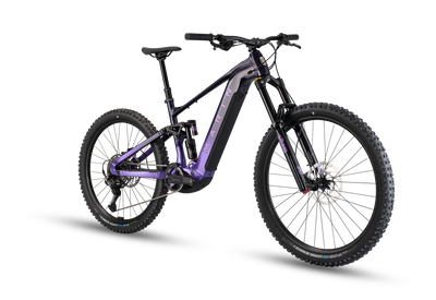 Black and purple mountain bike on a white background