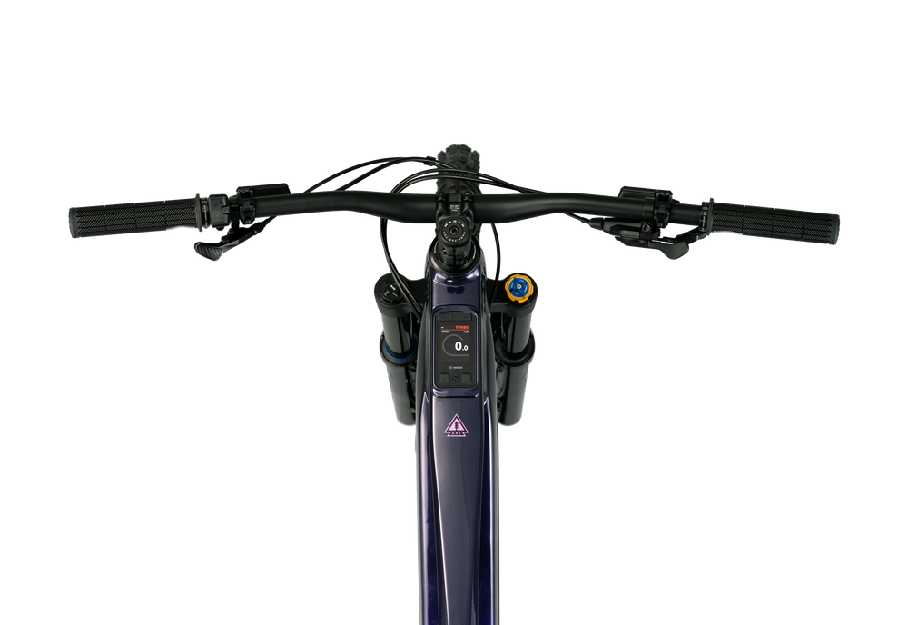 Close-up of a bicycle handlebar with control buttons on a white background