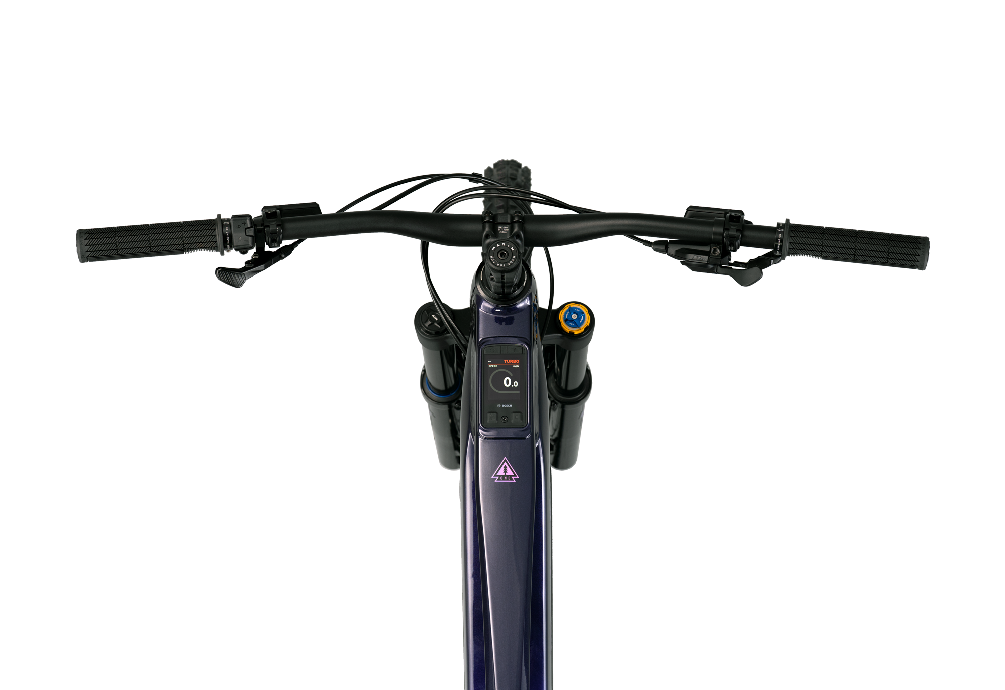 Close-up of a bicycle handlebar with control buttons on a white background