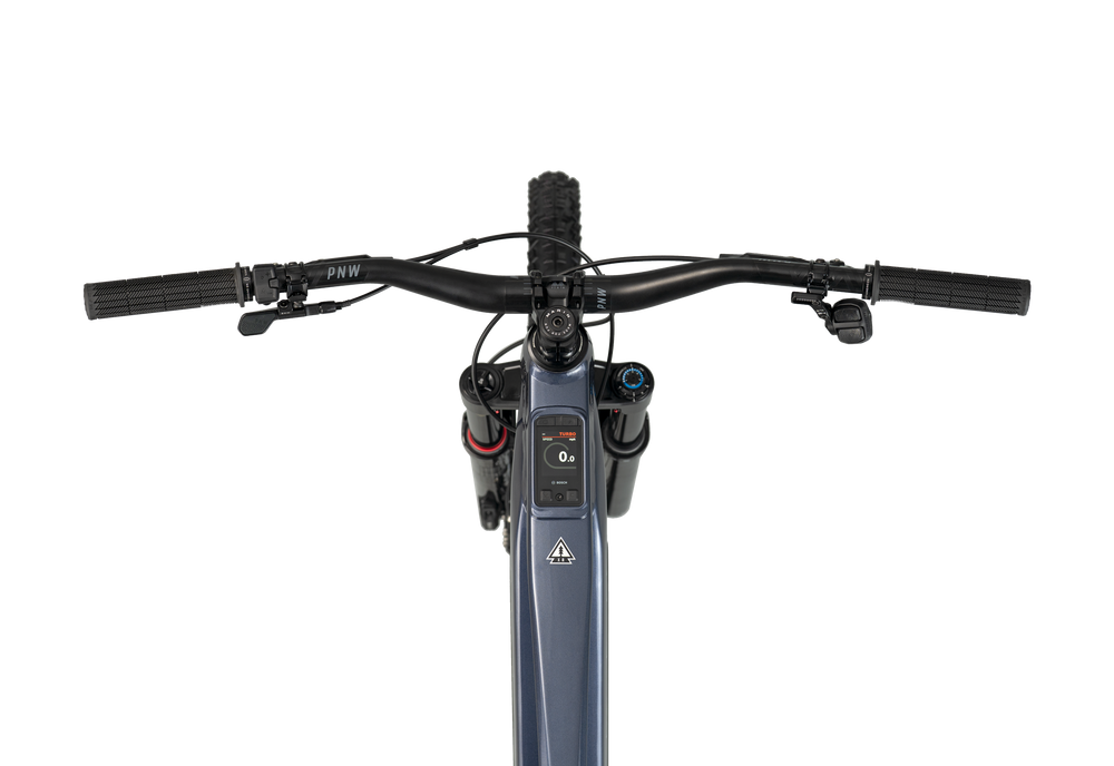 Close-up of a bicycle handlebar with control buttons on a white background