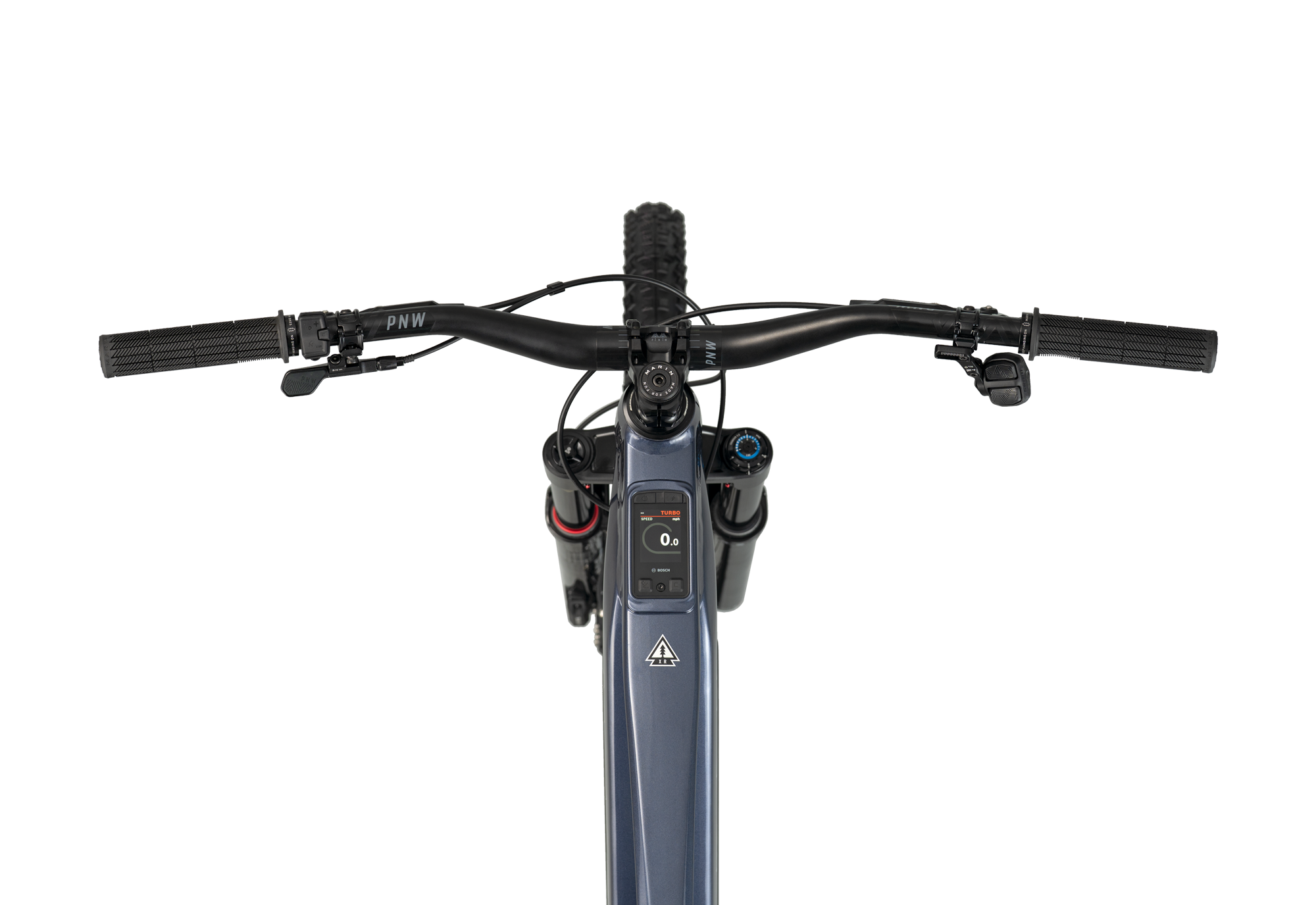 Close-up of a bicycle handlebar with control buttons on a white background