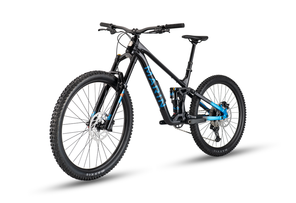 Black mountain bike with blue accents on a white background