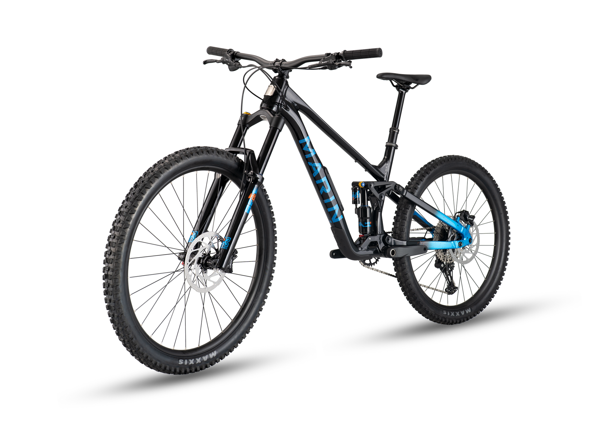 Black mountain bike with blue accents on a white background