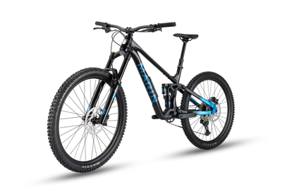 Black mountain bike with blue accents on a white background