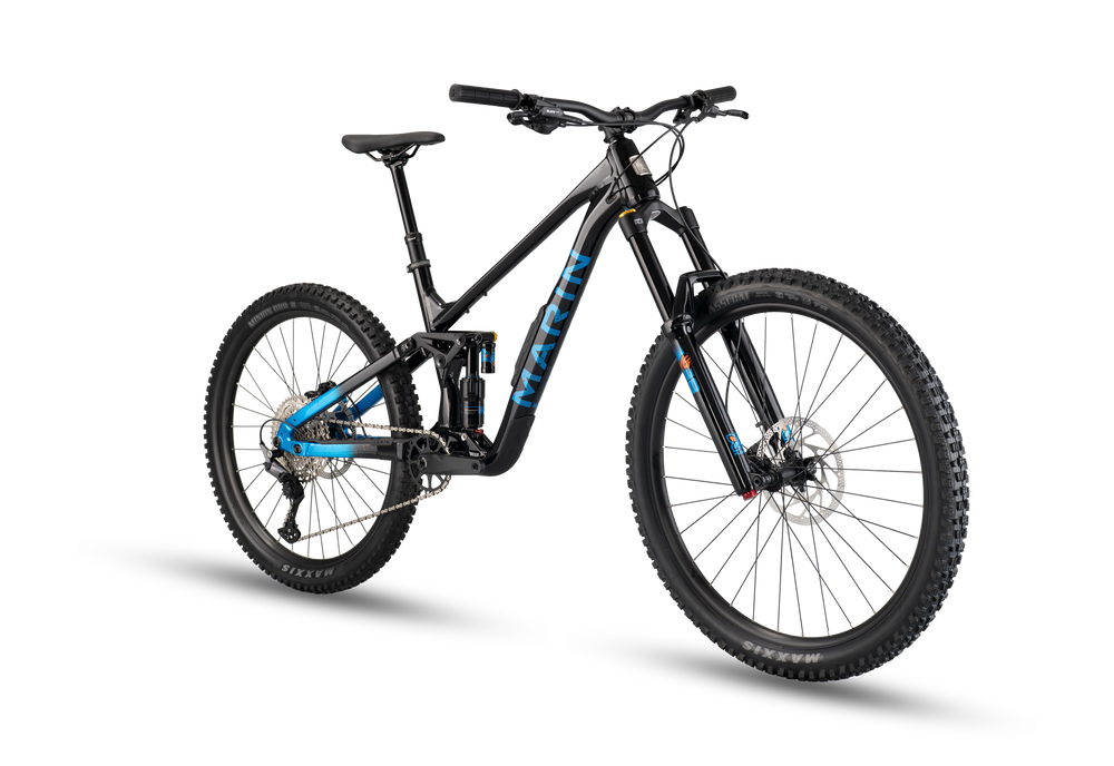 Black mountain bike with blue accents on a white background