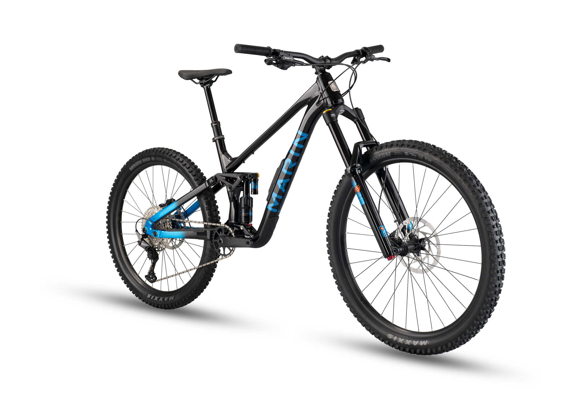 Black mountain bike with blue accents on a white background