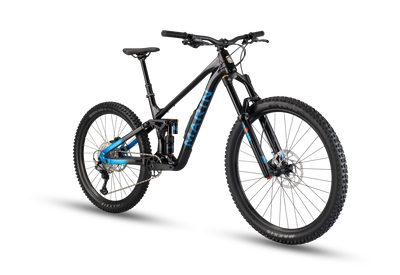 Black mountain bike with blue accents on a white background