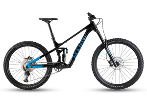 Black mountain bike with blue accents on a transparent background