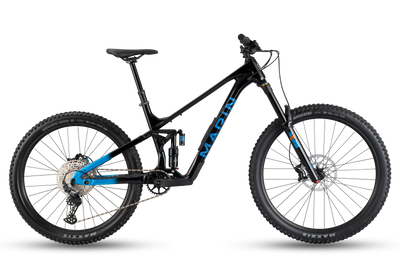 Black mountain bike with blue accents on a transparent background