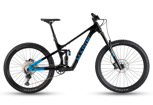 Black mountain bike with blue accents on a transparent background