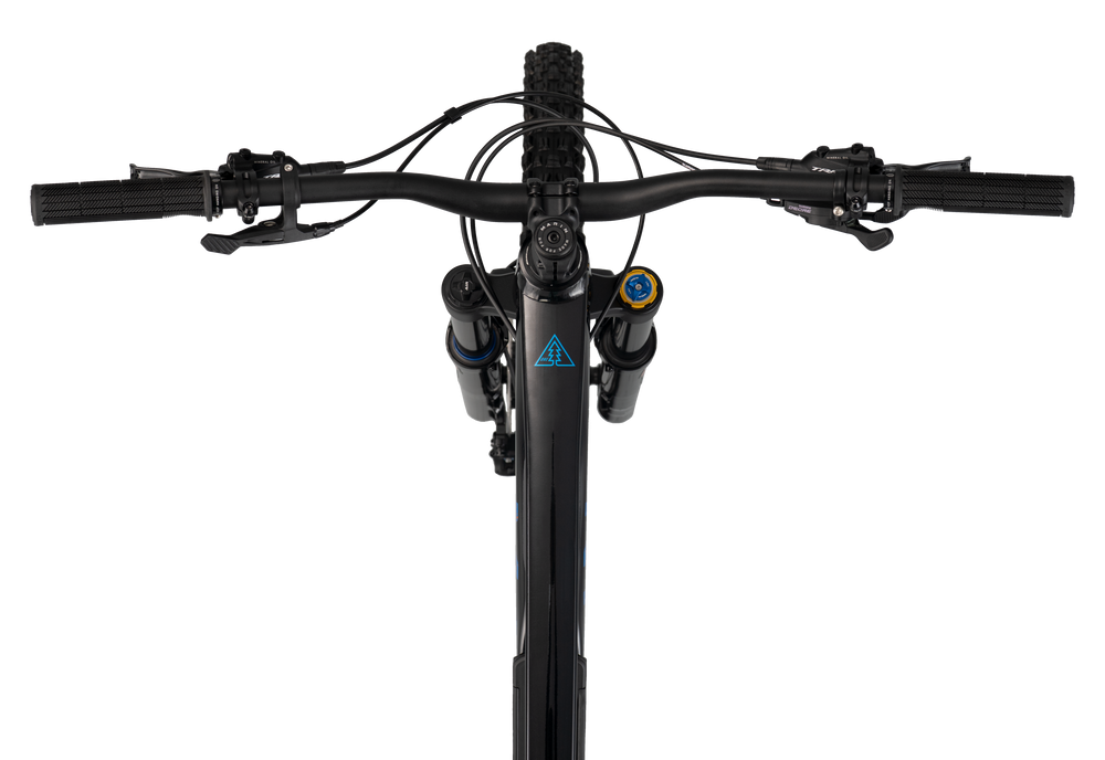 Close-up of a bicycle handlebar with visible brand logo on a white background