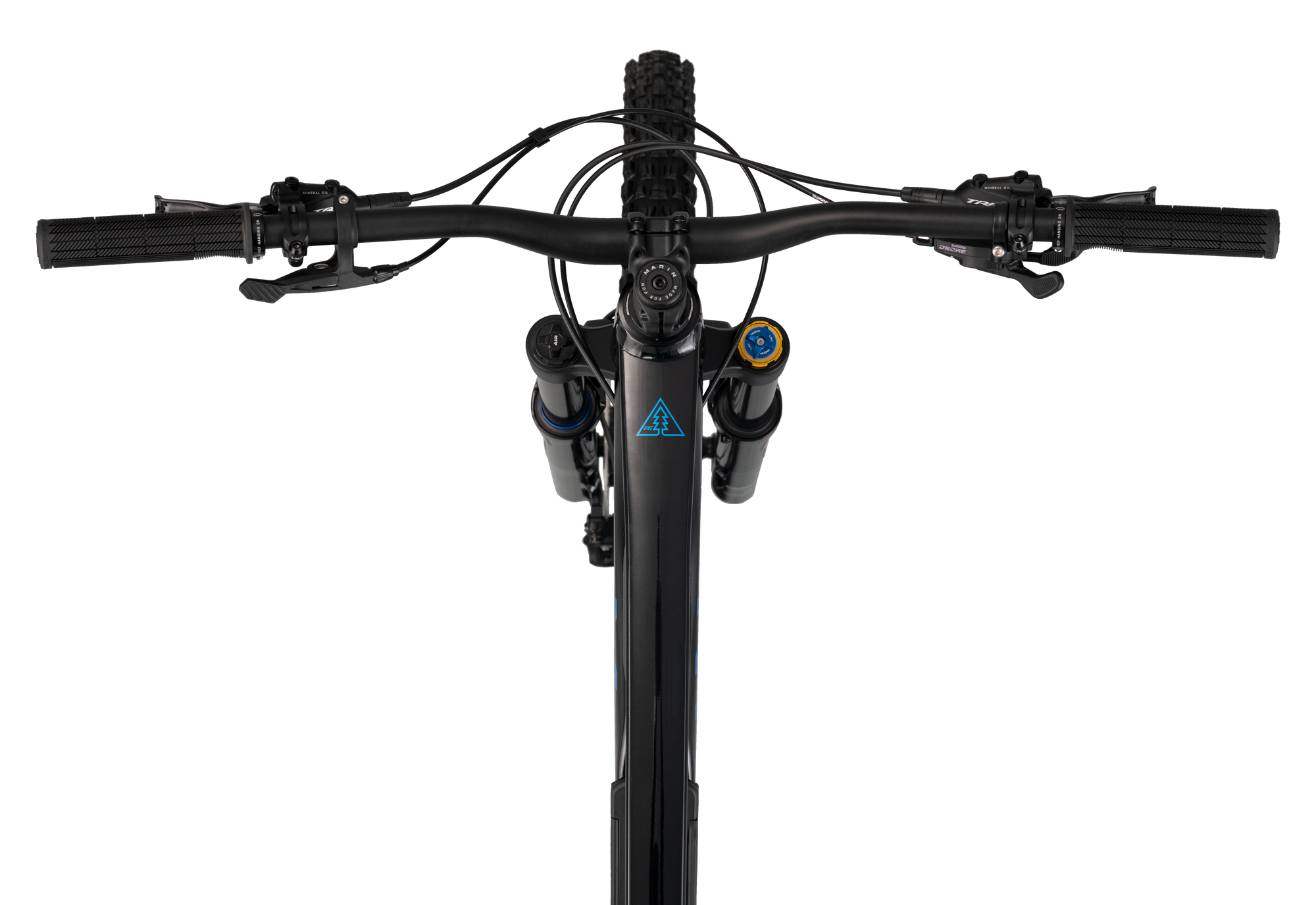 Close-up of a bicycle handlebar with visible brand logo on a white background