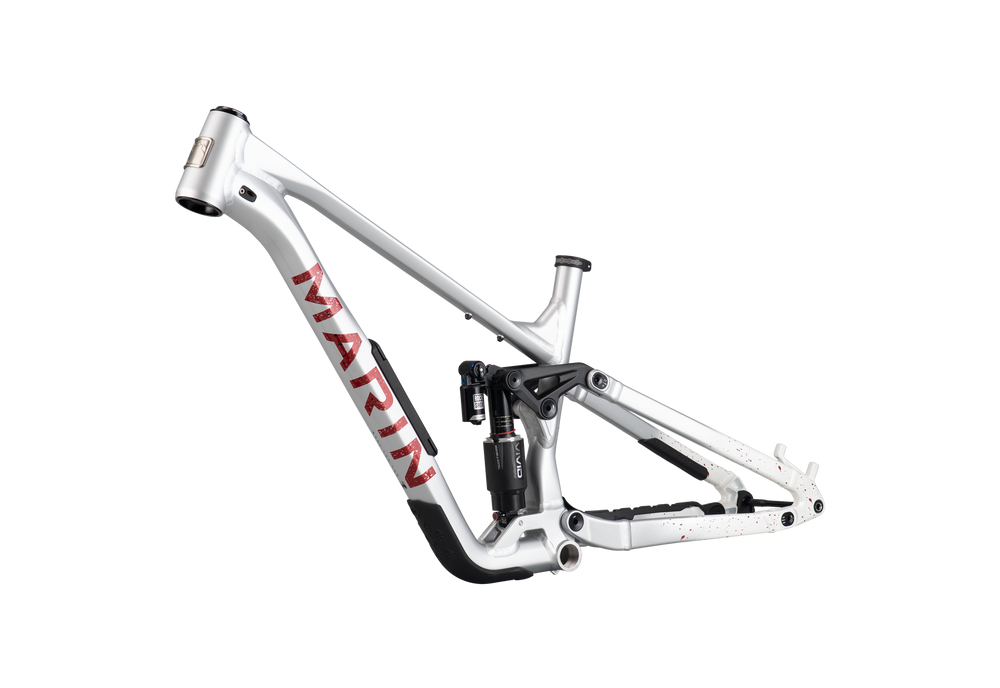 White bicycle frame with red 'Marin' logo on a white background