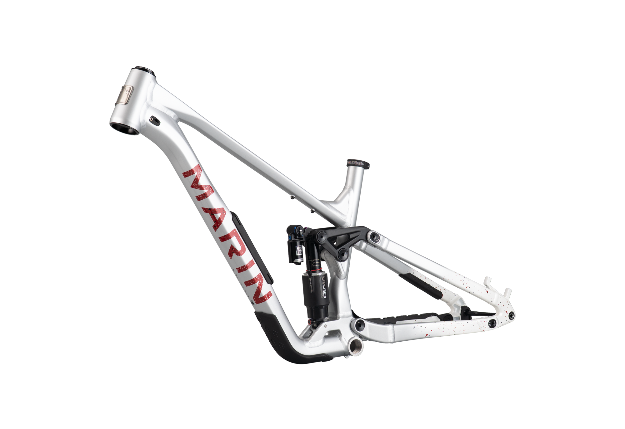 White bicycle frame with red 'Marin' logo on a white background
