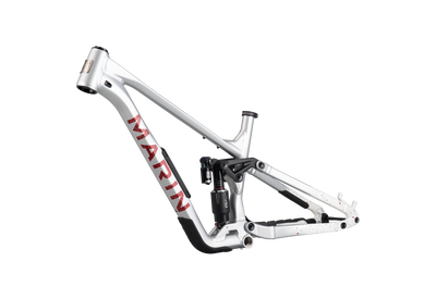 White bicycle frame with red 'Marin' logo on a white background