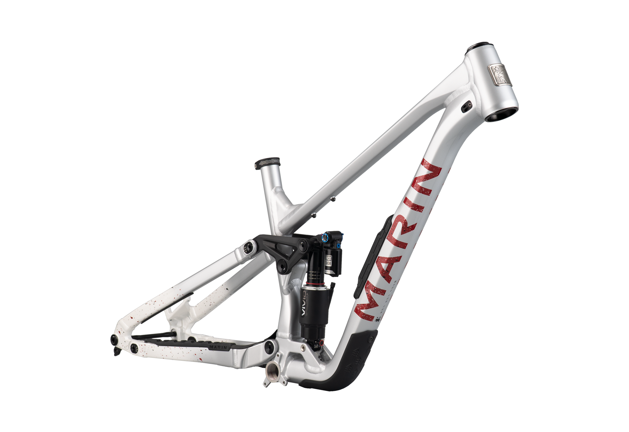 White bicycle frame with 'Marin' branding on a white background