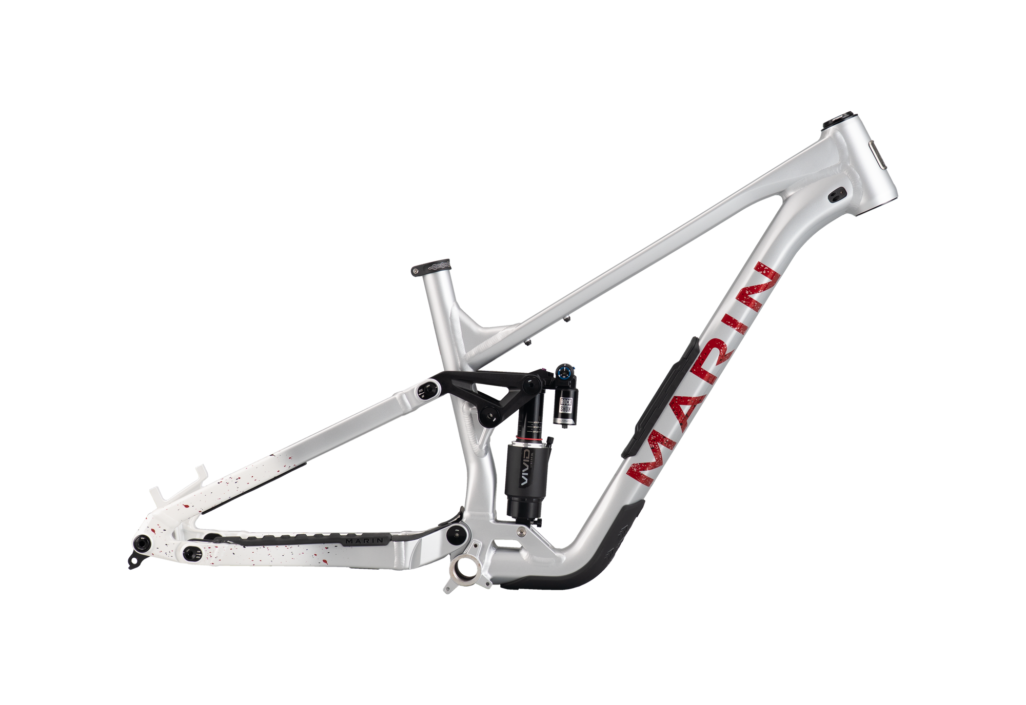 Bicycle frame in silver with red Marin graphics 