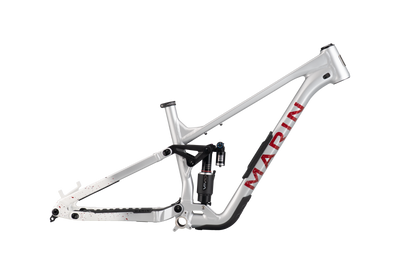 Bicycle frame in silver with red Marin graphics 