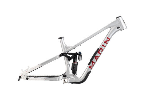 Bicycle frame in silver with red Marin graphics 