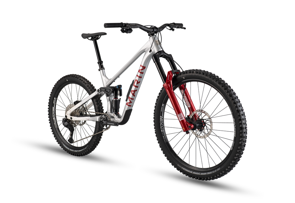 Mountain bike with red and black details on a white background