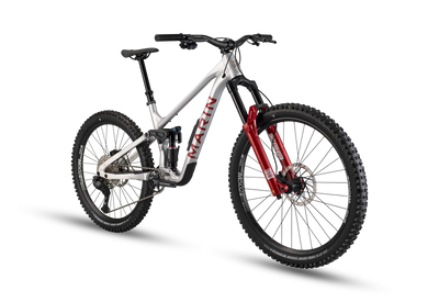 Mountain bike with red and black details on a white background